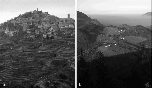 Fig. 2. Settlements in the southern and northern Alps: a) Bajardo (Liguria, Italy), 900 m a.s.l., a cluster village with terraced, small strip plots and mixed farming, with emphasis on arable farming (Photo: Oliver Bender, 1996); b) Ettenberg (Bavaria, Germany), 900 m a.s.l., a dispersed settlement with block plots and ‘meadows-pasture’ farms, with emphasis on livestock farming (Photo: Oliver Bender, 2004)