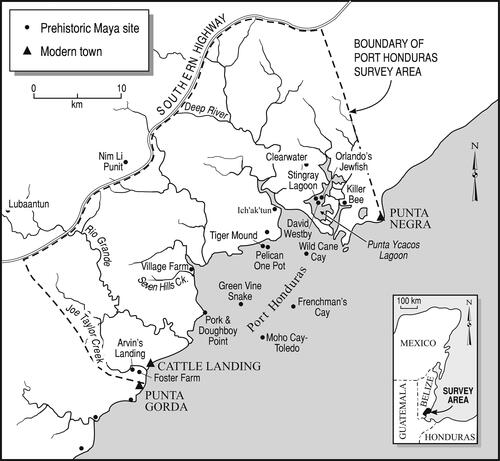 Figure 1. Map of the South Coast of Belize showing places mentioned in the text. Drawing by Mary Lee Eggart, Louisiana State University.