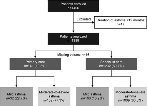 Figure 1. Patient disposition and study population by practice type and investigator-classified asthma severity in the SABINA III Middle East cohort (n=1389). SABINA, SABA use IN Asthma.