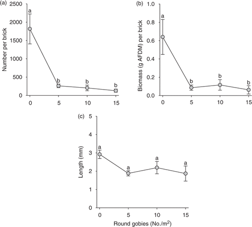 Figure 1. Response of mean (a) number, (b) biomass, and (c) length of Dreissena to a gradient of round goby densities in enclosures. Error bars represent ± 1 SE. Means with different letters indicate significant differences (p < 0.05).