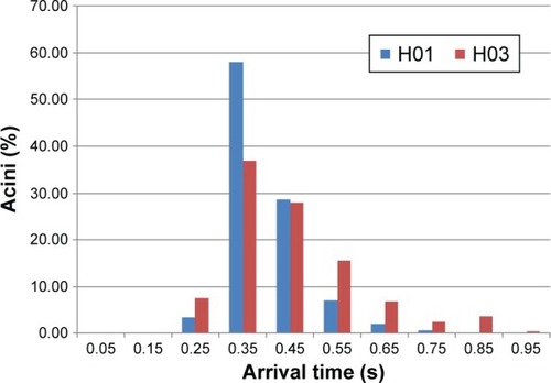 Figure 5 Arrival time at the acini in lung model for two healthy volunteers with tidal volume of 600 mL, inhalation time of 2 seconds, and for an inspiratory flow rate of 18 L/min.