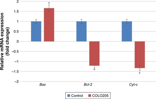 Figure 9 mRNA expression levels of Bcl-2, Bax, and Cyt-c normalized to the transcription levels of β-actin and GAPDH. The qRT-PCR analysis was performed on COLO205 cells treated with 5.2 ± 0.8 μg/mL MGR. The experiment was done in triplicates, and data are expressed as mean ± SD. *Significant difference from control (P < 0.05).