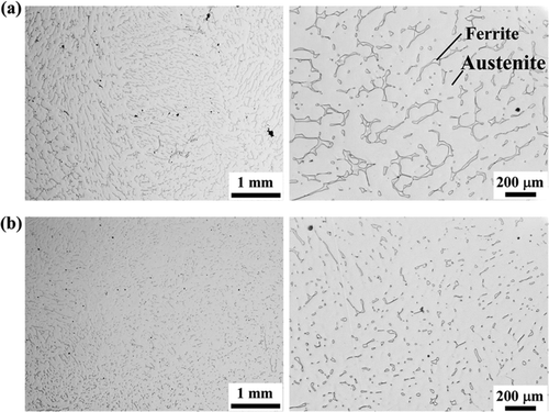 Figure 1 Ferrite morphology of cast materials from (a) RCP casing and (b) injection valve body