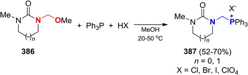 Scheme 226. Reactions of N-methoxymethyl cyclic ureas with Ph3P in the presence of acids.