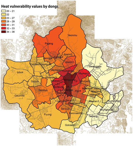 Figure 2. Cumulative heat vulnerability values by administrative units (Dongs), Suwon. Dark area indicates a neighborhood that might be highly vulnerable to heatwaves.