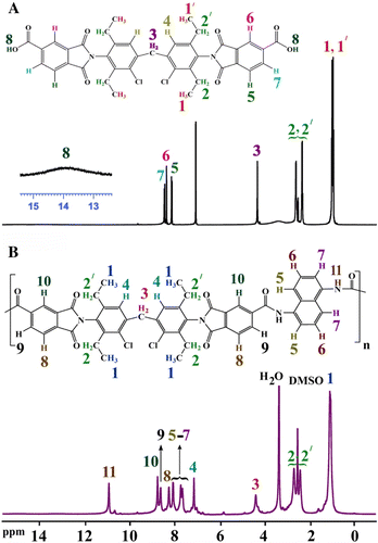 Figure 1 1H-NMR (400 MHz) spectrum of obtained diacid and PAI5b in DMSO-d 6.