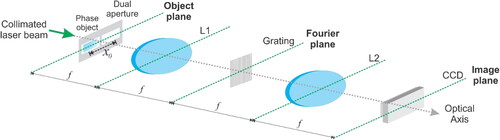 Figure 1. Basic schematic arrangement for a DACPI, L1 and L2 are positive lenses of focal length f, x0 is the distance between the centers of the window.