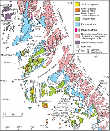 Figure 2. Geological sketch map of the central Transantarctic Mountains. Lower Jurassic Ferrar Dolerite sills are co-extensive with Permian and Triassic strata. The ‘*’ indicates locations of Devonian strata too small to illustrate at the map scale. Illustrated faults and monoclines are from Barrett et al. (Citation1970), Barrett and Elliot (Citation1973), Elliot et al. (Citation1974), Elliot et al. (Citation2017), Elliot and Collinson (Citation2022), Fitzgerald (Citation1994). Note that the orientation is approximately the reverse of Figure 1.