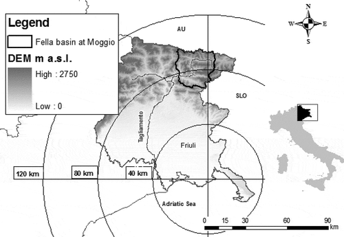 Fig. 1 Digital elevation map for the Friuli region showing location of the OSMER radar and outline boundaries of the Fella basin at Moggio.