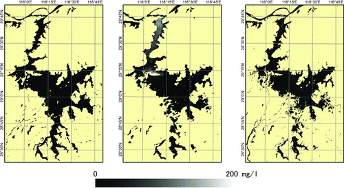 Figure 5 MODIS-based suspended sediment concentrations on 1 Aug 2000 (left, before dredging), 17 Aug 2005 (middle, during dredging), and 19 Aug 2008 (right, dredging was banned) in Poyang Lake (color figure available online).