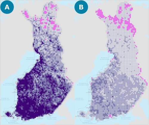 Figure 1. (A) The accumulated 13 million border markers and (B) the 2 million inaccurate border markers of the cadastral index map of Finland in a 10-km² grid. Pink areas have no inaccurate border markers, such as the capitol region.