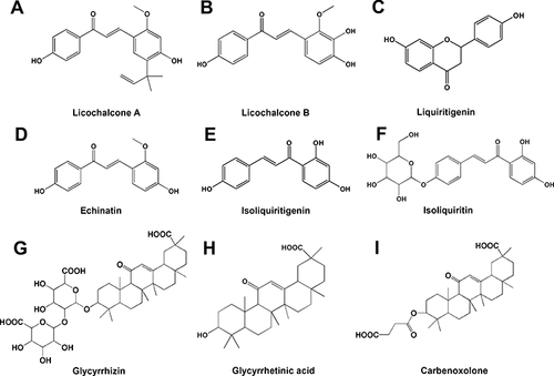 Figure 2 Chemical structure of compounds from Glycyrrhiza. (A) Licochalcone A; (B) Licochalcone B; (C) Liquiritigenin; (D) Echinatin; (E) Isoliquiritigenin; (F) Isoliquiritin; (G) Glycyrrhizin; (H) Glycyrrhetinic acid; (I) Carbenoxolone.