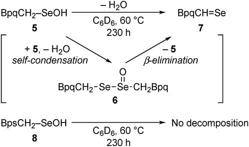 Scheme 3. Comparison of the thermal stability of BpqCH2–SeOH (5) and BpsCH2–SeOH (8).