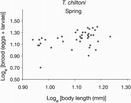 Figure 2. Brood and body size relationships of gravid females of Tenagomysis chiltoni sampled during austral spring (2011) from the open estuaries in southern New Zealand.
