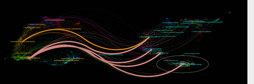 Figure 6 Dual map overlay of journals related to degenerative scoliosis. (Left) Citing journals. (Right) Cited journals. The color of the links distinguishes the discipline of the source.