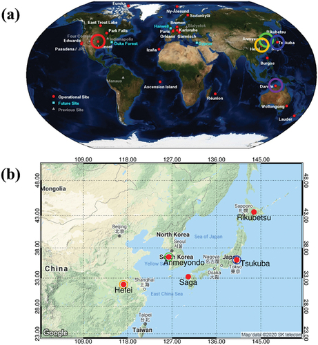 Figure 2. Locations of TCCON measurement sites (a) worldwide and (b) in East Asia. Measurements at sites with colored circles were used to validate result of retrieval algorithm. The underlying maps were created using the Google Maps.