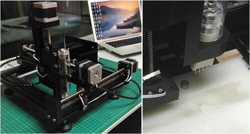 Figure 1. Two views of the X-Y EPD scanning table. LHS shows the overall apparatus with measurement probe at centre forward, and RHS shows close up of the four-point probe head. Z axis control, for the sequential offering up of the probe to the specimen, is possible using the stepper motor seen centre top in LHS view