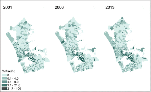 Figure 3. The distribution of Pacific People in the Auckland region 2001–2006–2013 as a percentage of the meshblock population (using 2001 quintiles).