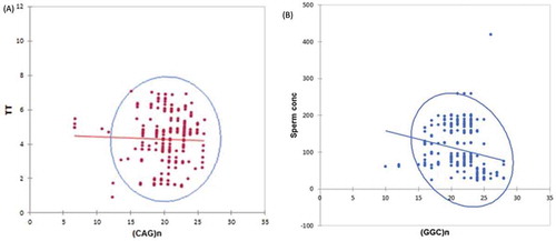 Figure 1. Long repeats of (CAG)n and (GGC)n of androgen receptors are associated with male reproductive hormonal parameters in Punjabi men. A) Scatter plot exhibited a weak but significant negative correlation between longer (CAG)n repeats of AR and total testosterone (T) concentration (ng/ml). B) Scatter plot statistically exhibited a negative correlation between sperm concentration (mill/ml) and longer (GGC)n repeats of androgen receptor in asthenospermic men.