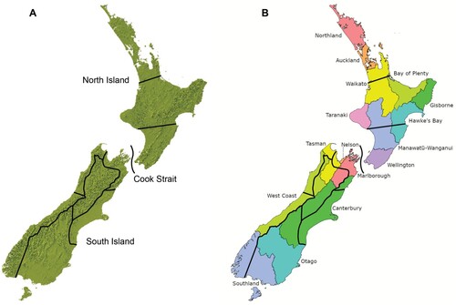 Figure 3. Nine proposed eco-evolutionary regions for ecosourcing. A, Ecosourcing regions overlaid onto New Zealand topographic map. B, Ecosourcing regions overlaid onto Regional Council regions.