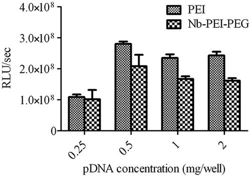 Figure 4. Influence of plasmid DNA amount on luciferase reporter gene expression. An amount of 0.25, 0.5, 1 and 2 μg pGL4.50 were mixed with PEI and Nb-PEG-PEI with constant N/P ratio of 10.