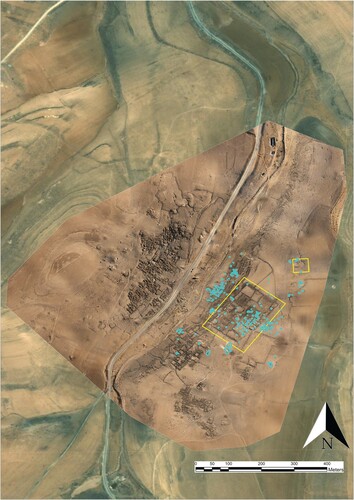 Figure 1. Orthomosaic (ORTHO19) of the site created in autumn 2019. Yellow boxes indicate sites where pole-based photogrammetry was carried out in 2018. Blue shapes indicate looting pits measured in 2018 with GPS.