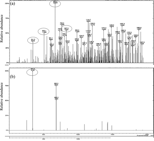 Figure 4. Mass spectra of untreated and treated agave syrup (a–b respectively).Figura 4. Espectro de masas del jarabe de agave sin tratamiento y con tratamiento (a–b respectivamente).