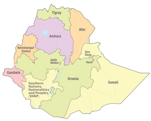 Figure 1  The maps of regional states in Ethiopia. Image courtesy with permission from https://www.ethiovisit.com/addis-ababa/65/.