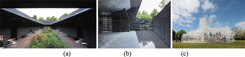 Figure 2. Serpentine Gallery Pavilion as a tectonic notion (a) Zumthor (2011); (b) Escobedo (2018); (c) Fujimoto (2013).