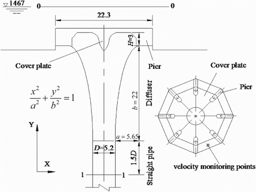 Figure 1. Geometry of the real vertical pipe inlet/outlet (dimensions in m).