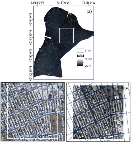 Figure 1. Overview of the study area: (a) DSM; and (b) and (c) enlargements of the building areas in (a)