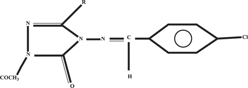 Figure 2. Structure of 1-acetyl-4-(p-chlorobenzylideneamino)-3-methyl-4, 5-dihydro-1H-1, 2, 4-triazol-5-one used for geometrical comparison.