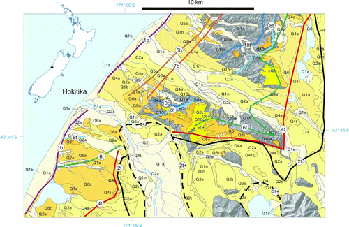 Figure 5  Quaternary alluvial, glacial and marine deposits in central Westland emphasised from the Greymouth QMAP GIS data. The unit labels beginning Q1, Q2, Q4 etc. refer to deposits of that oxygen isotope stage (OIS) age range. The last letter refers to the deposit type e.g. ‘a’ for alluvial; ‘t’ for till; and ‘b’ for beach. These Quaternary map units record the changing shoreline positions and ice limits between glacial and interglacial periods (interpretation modified after Nathan et al. Citation2002).