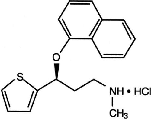 Figure 1 Duloxetine hydrochloride. Chemical name: (+)-(S)-N-Methyl-3-(1-naphthyloxy-2-thienyl)-propylamine Hydrochloride, (C18 H19 NOS.HCL).