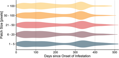 Figure 12. Distribution of values regarding the timeliness of detection in patches of different sizes for the years 2016–2019, as determined using Sentinel-2 random forest configuratio