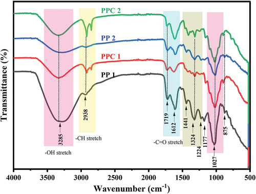 Figure 2. FTIR spectra of pomegranate peels (PP1 and PP2) and pomegranate peel cellulose (PPC1 and PPC2).