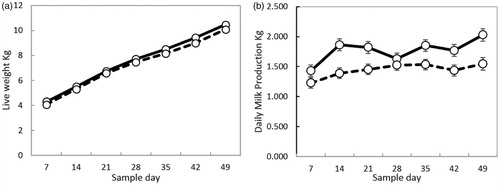 Figure 1. Lamb pre-weaning live weights (a) and ewe daily milk production (b) in Pelibuey (discontinuous line) and Katahdin (continuous line) breeds.