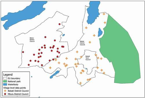 Figure 1. Distribution of first-stage village data points in Babati DC and Mbulu DC.