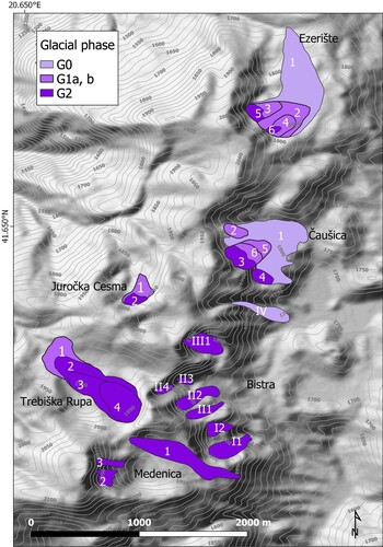 Figure 6. Reconstruction of paleo-glacier shapes and attribution of glacial phases