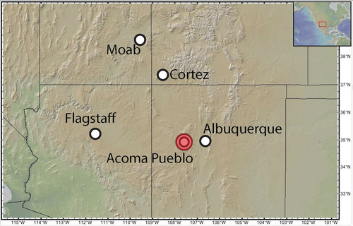 Figure 2. Acoma Pueblo, NM (red dot) is located about sixty miles west of Albuquerque, NM. Map from: http://www.geomapapp.org.