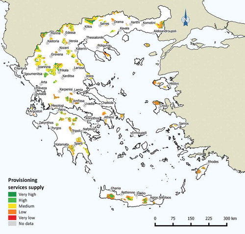 Figure 4. Spatial distribution of provisioning services at 91 mountainous sites (SACs) in Greece. The proximity to major urban centers is also indicated in the map.