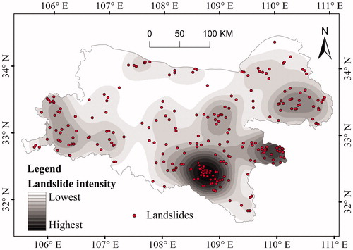 Figure 13. Landslide intensity map generated using kernel density estimation.