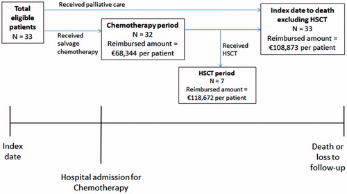 Figure 1. Study schema. The index date was the first time in the medical records the patient was diagnosed with ALL that was refractory or had relapsed according to the inclusion criteria (with a first remission duration ≤12 months, within 12 months of HSCT, or in second or greater salvage therapy). The chemotherapy period was the time from first hospital admission for chemotherapy to the earliest of last dose of chemotherapy +30 days, start of HSCT, after 105 days, death, or loss to follow-up. The HSCT period was the time from start of HSCT to earliest of relapse, death, or loss to follow-up.