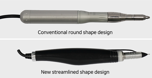 Figure 5 Existing round-shaped handpiece versus the new streamlined ergonomic handpiece.