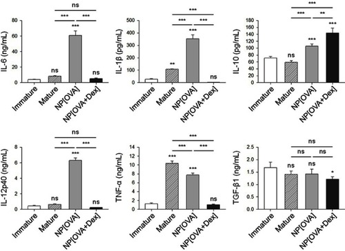 Figure 2 Effects of NP[OVA+Dex] on cytokine production in DCs.Notes: DCs generated from bone marrow cells of C57BL/6 mice were stimulated with IFN-γ (50 ng/mL) plus TNF-α (50 ng/mL), or treated with NP[OVA] or NP[OVA+Dex] (10 μg/mL as OVA) for 48 h. For TNF-α production, DCs were stimulated with IFN-γ (50 ng/mL) plus LPS (100 ng/mL). Cytokine secretion to culture supernatant was determined by ELISA. The data are presented as the mean ± SD of three independent experiments. *P<0.05, **P<0.01, ***P<0.001. “ns” indicates no significant difference.Abbreviations: DCs, dendritic cells; Dex, dexamethasone; ELISA, enzyme-linked immunosorbent assay; IFN-γ, interferon-γ; LPS, lipopolysaccharide; NP[OVA+Dex], nanoparticles containing ovalbumin and dexamethasone; NP[OVA], nanoparticles containing only ovalbumin; OVA, ovalbumin; SD, standard deviation; TNF-α, tumor necrosis factor-α.