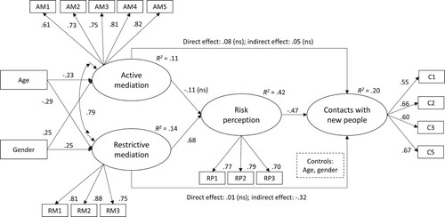 Figure 1. Standardized results for the tested model.Notes: All coefficients are significant on the p < .001 level (except the ones labeled ‘ns’). See Table 1 for exact p values, total effects, and the effects of control variables.