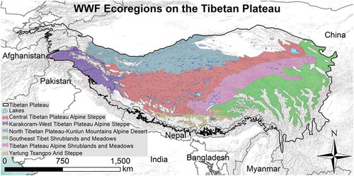 Figure 1. Six World Wildlife Fund (WWF) Ecoregions and 3,000-m contours on the Tibetan Plateau.