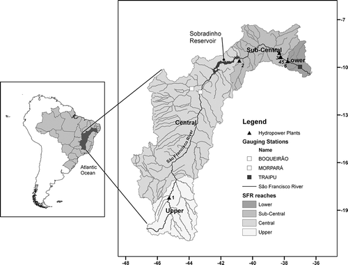 Fig. 1 São Francisco River Basin: river reaches and the locations of large dams and gauging stations of interest.