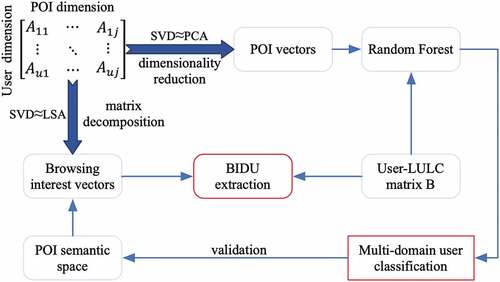 Figure 3. W2V-SVD model used for multi-domain user classification and BIDU extraction.