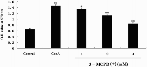 Figure 1. Effect of 3-MCPD (+) on ConA-induced T cell proliferation. T cells collected from mice were treated with 3-MCPD(+) (final concentration: 1, 2, or 4 mM) plus ConA (final concentration: 5 μg/mL) or ConA (5 μg/mL) for 48 h. T cell proliferation was assessed with an MTT assay. The results were obtained from three independent experiments and are presented as the mean ± standard deviation. Significant differences from the control group are indicated by ##P < .01 versus control group; *P < .05 or **P < .01 versus ConA group.